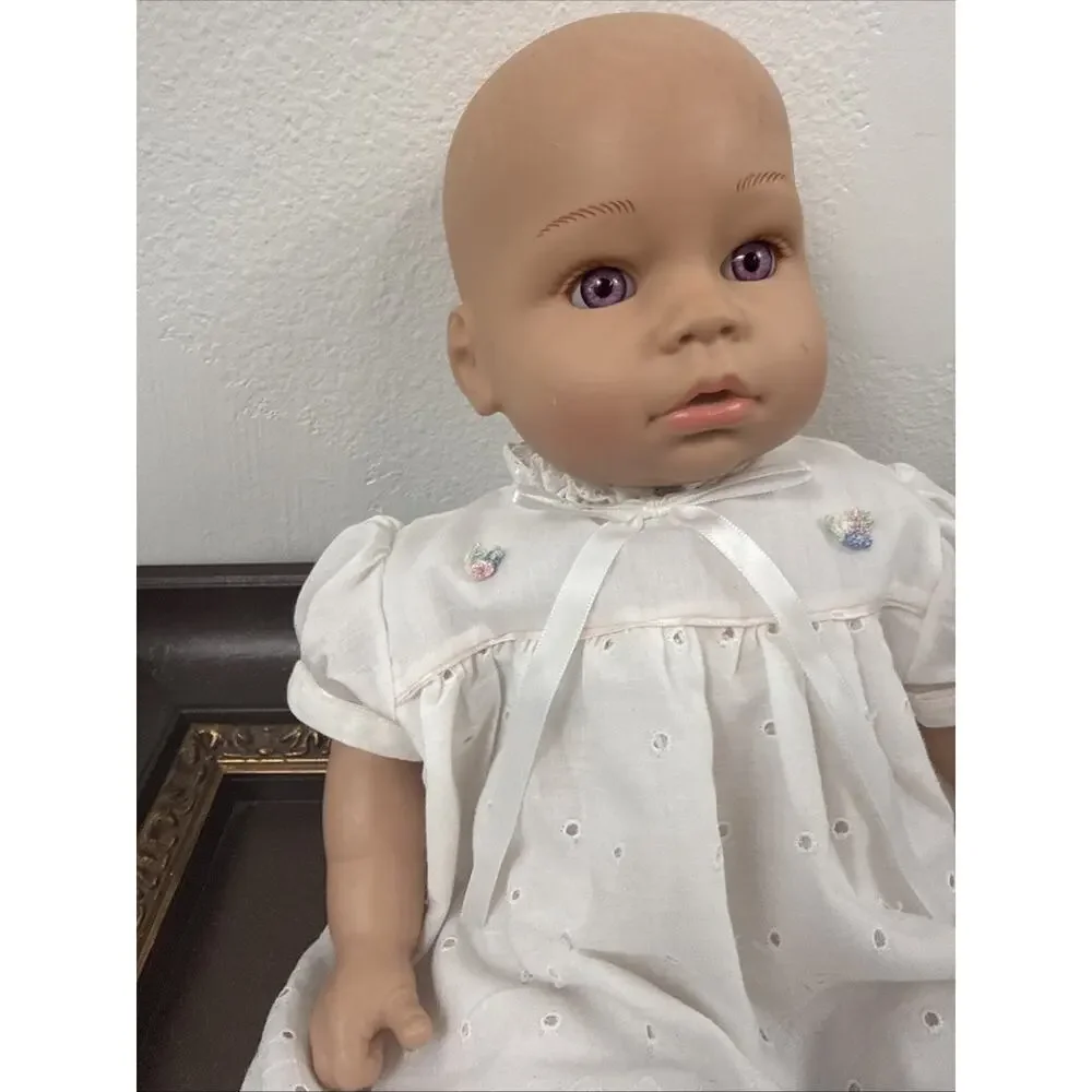 Madame Alexander 2018 Baby Doll Purple Eyes White Christening Baptism Gown Dress